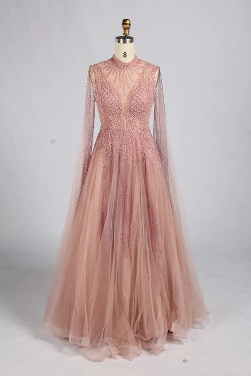 Dusty pink beaded long-sleeve A-line mother of the bride dress with V neckline and tulle skirt
