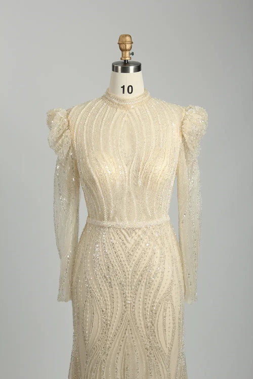 Ivory beaded high-neck long-sleeve sheath dress with glittery textured fabric
