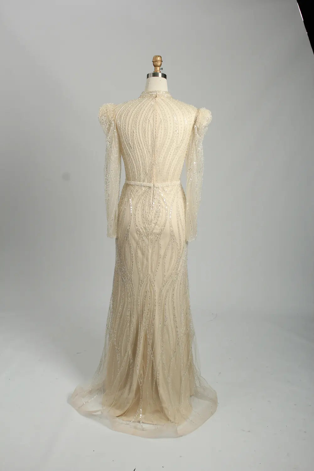 Champagne Beaded High Neck Long Sleeve Sheath Mother of the Bride Dress MK129