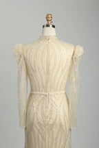 Champagne Beaded High Neck Long Sleeve Sheath Mother of the Bride Dress MK129