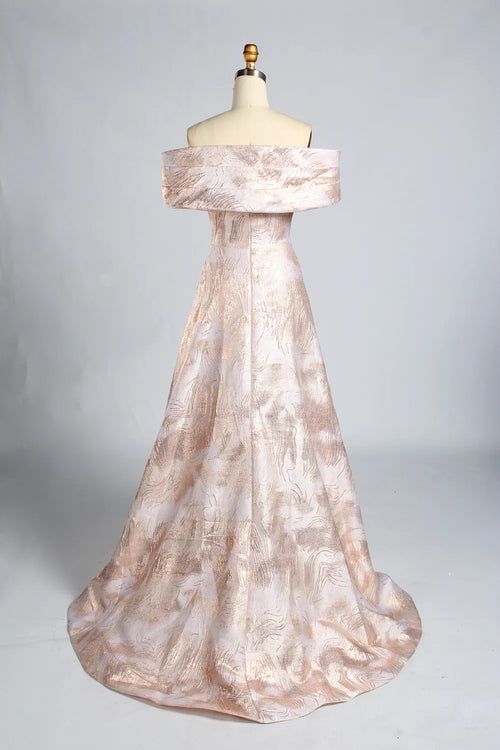 Off-shoulder A-line mother of the bride dress in blush brocade with full skirt