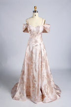 Off-shoulder bodice with wide sleeves on blush brocade A-line mother dress