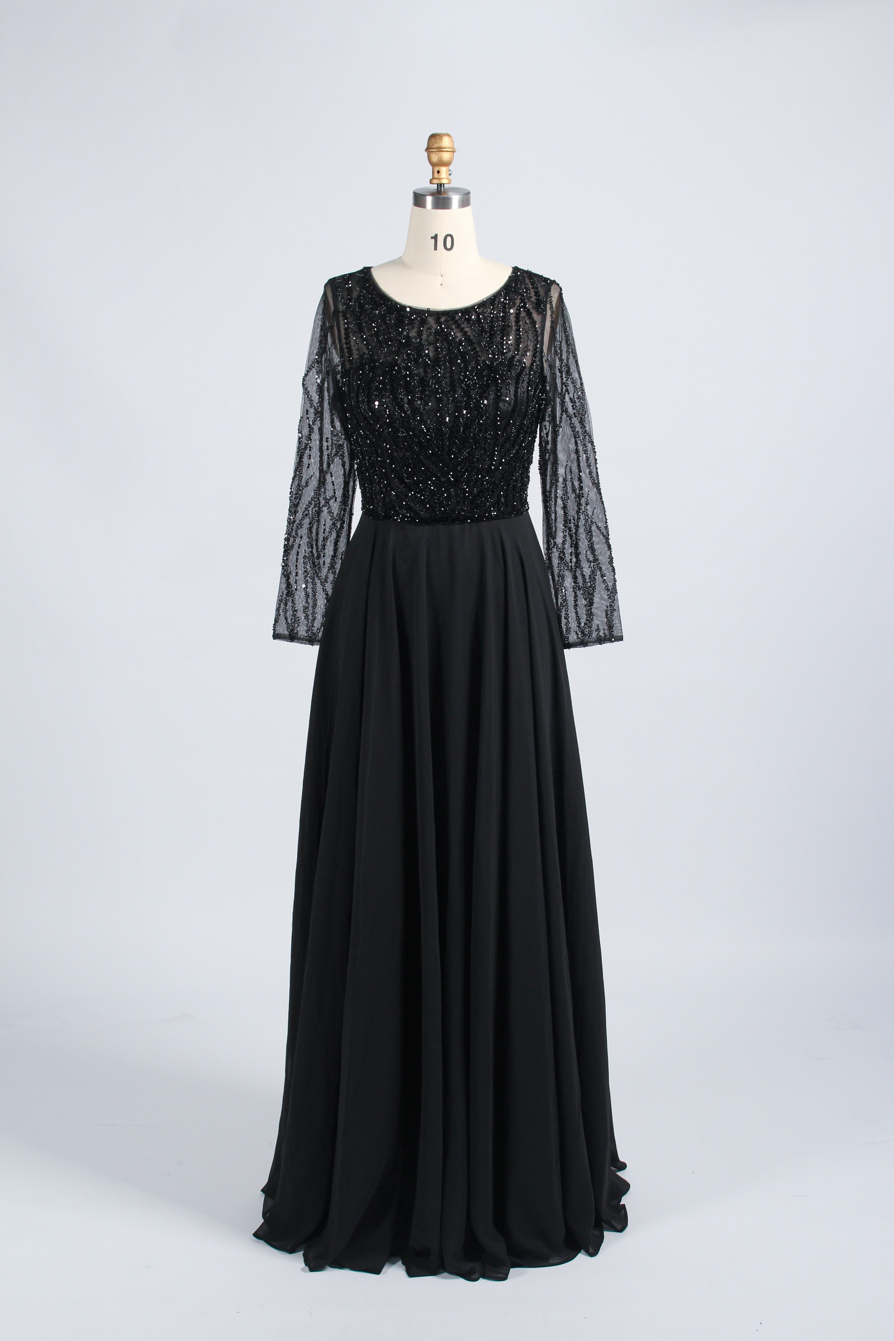 Black long-sleeve mother-of-the-bride dress with beaded sequin bodice and full skirt
