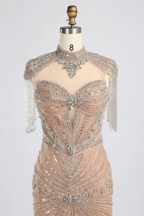 Champagne crystal beaded mermaid gown with high neckline and embellished bust
