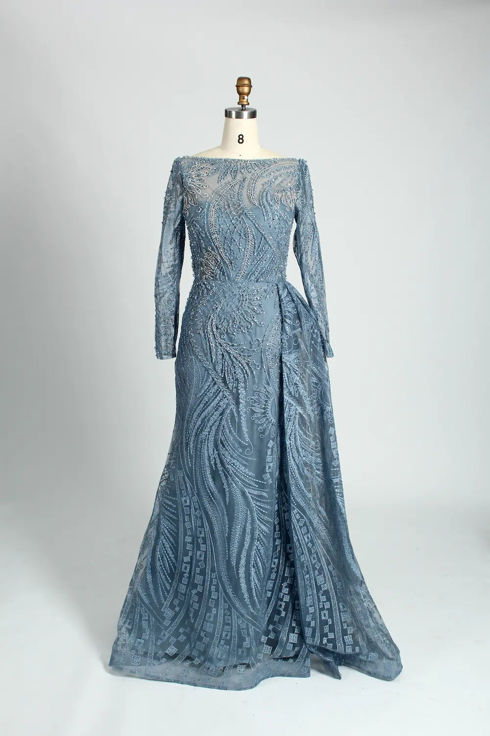 Dusty Blue Beaded Long Sleeve Mother of the Bride Dress MK107