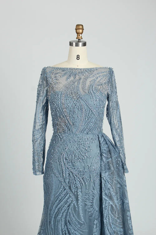 Dusty blue beaded long-sleeve dress with intricate shimmer embroidery, fitted waist