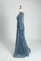 Dusty Blue Beaded Long Sleeve Mother of the Bride Dress MK107