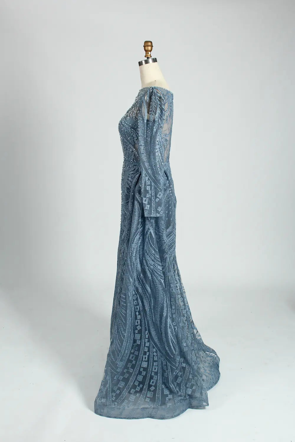 Dusty Blue Beaded Long Sleeve Mother of the Bride Dress MK107