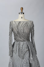 Silver-grey beaded long-sleeve evening dress with V neckline and sash belt
