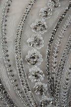 Silver-grey sheer bodice with beaded floral appliques and glittering bead rows