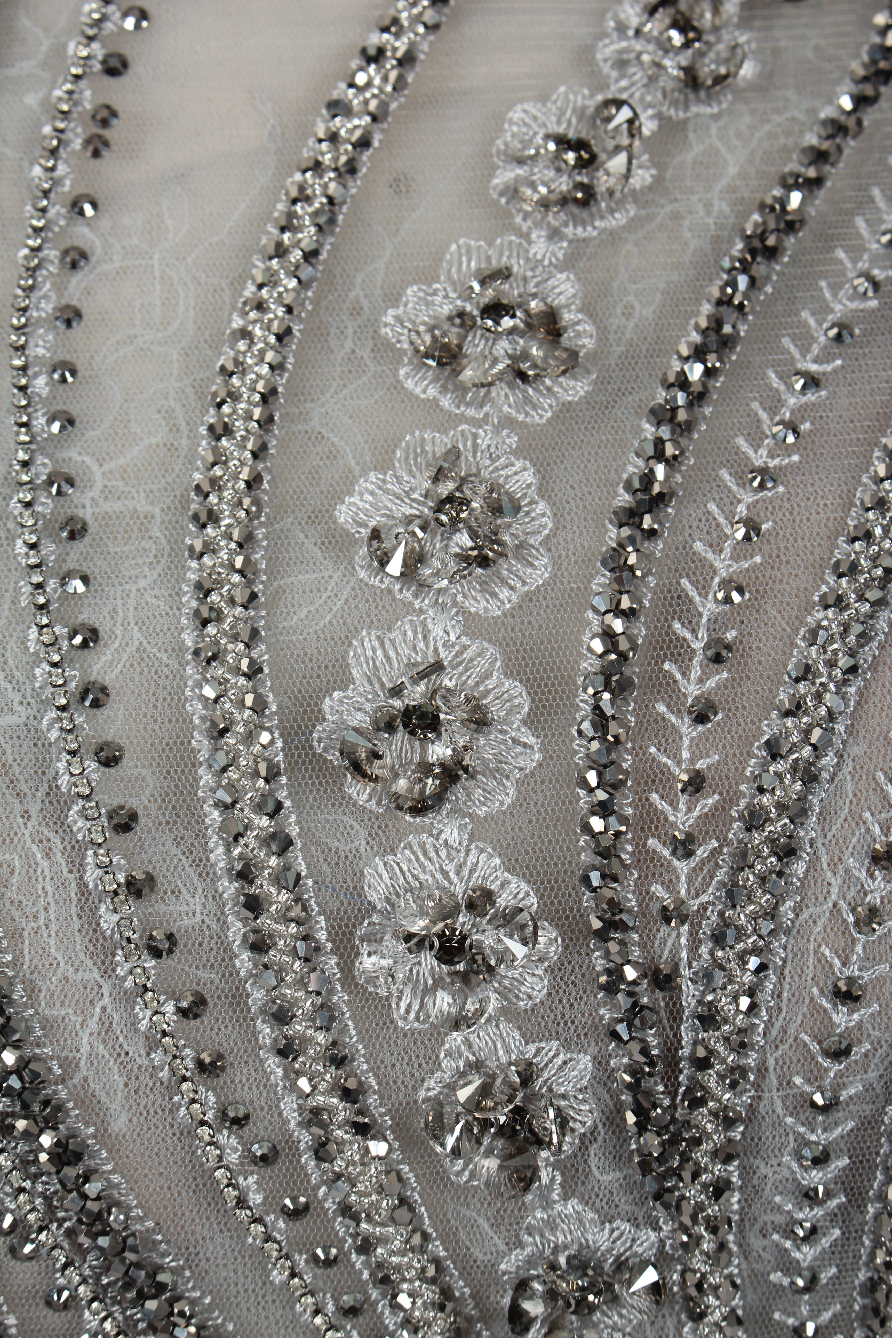 Silver-grey sheer bodice with beaded floral appliques and glittering bead rows