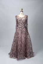 Refined Blue Beaded A-Line Mother of the Bride Dress with long Sleeves MK073