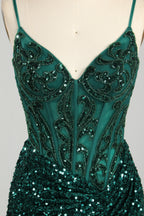 Wholesale Emerald Green Sequin Spaghetti-Strap Homecoming Dress d-131s