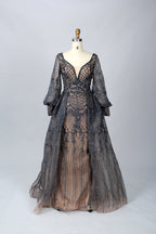 Green Beaded Mother of the Bride Dress with Long Puff Sleeves & Train MK074