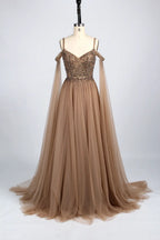 Beaded Off-the-Shoulder A-Line Mother of the Bride Dress with Cape Sleeves KS041