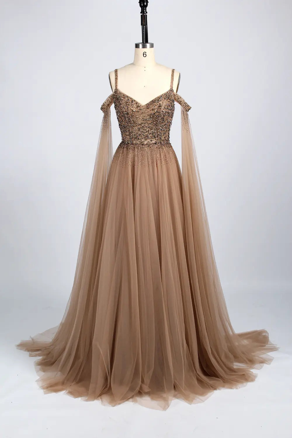 Beaded Off-the-Shoulder A-Line Mother of the Bride Dress with Cape Sleeves KS041