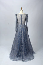 Refined Blue Beaded A-Line Mother of the Bride Dress with long Sleeves MK073