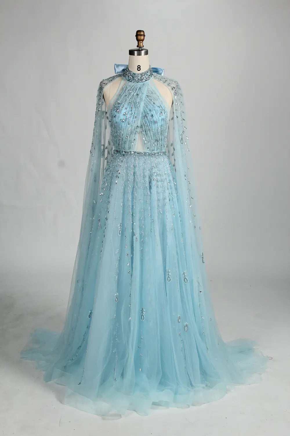 Beaded Halter Neck A-Line Light Blue Cape Mother of the Bride Dress MC134