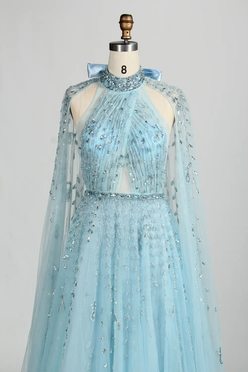 Beaded Halter Neck A-Line Light Blue Cape Mother of the Bride Dress MC134