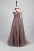 One-Shoulder Beaded A-Line Mother of the Bride Dress with High Collar KS042