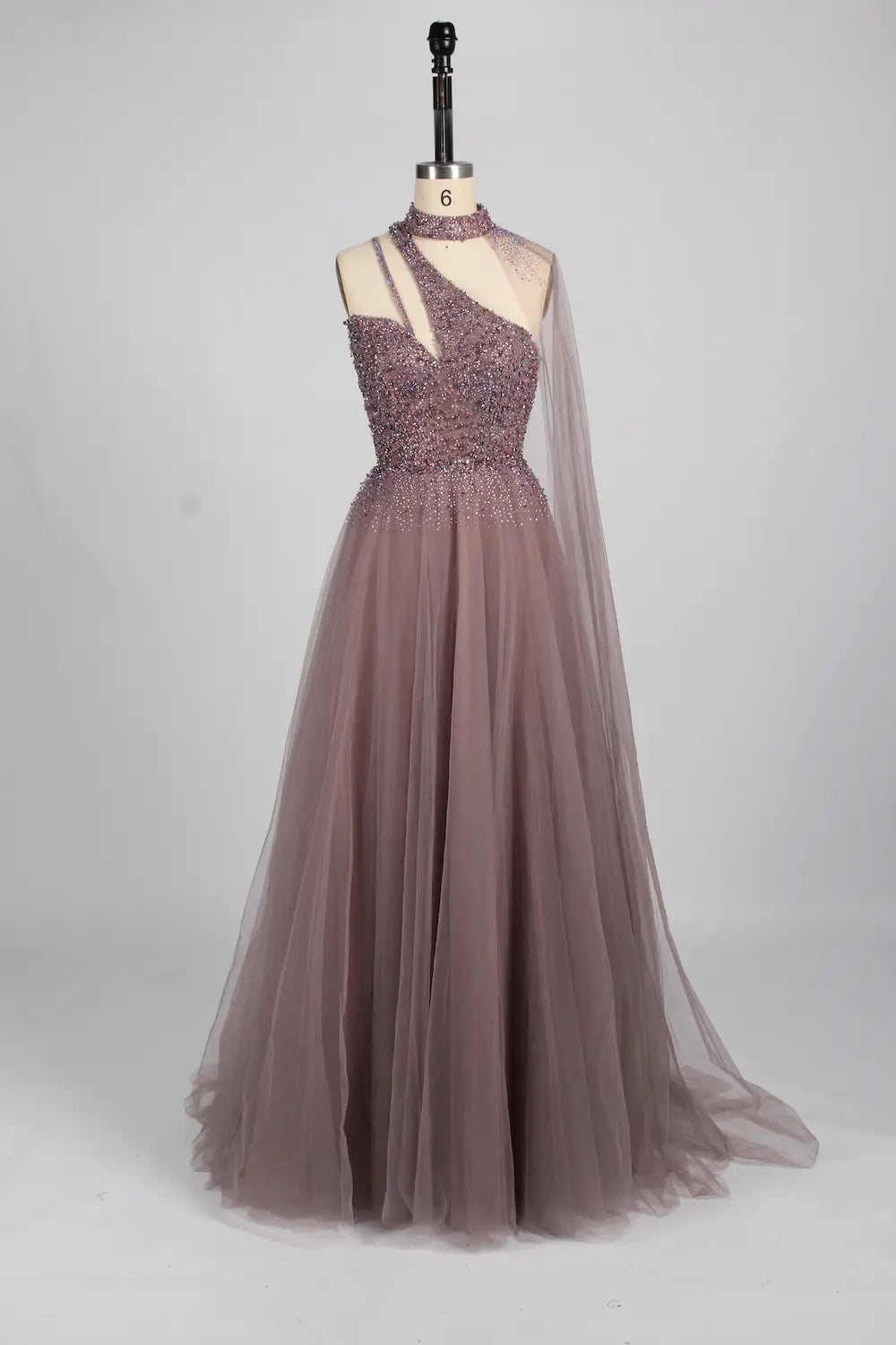 One-Shoulder Beaded A-Line Mother of the Bride Dress with High Collar KS042
