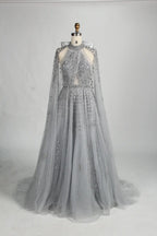 Beaded Halter Neck A-Line Light Blue Cape Mother of the Bride Dress MC134