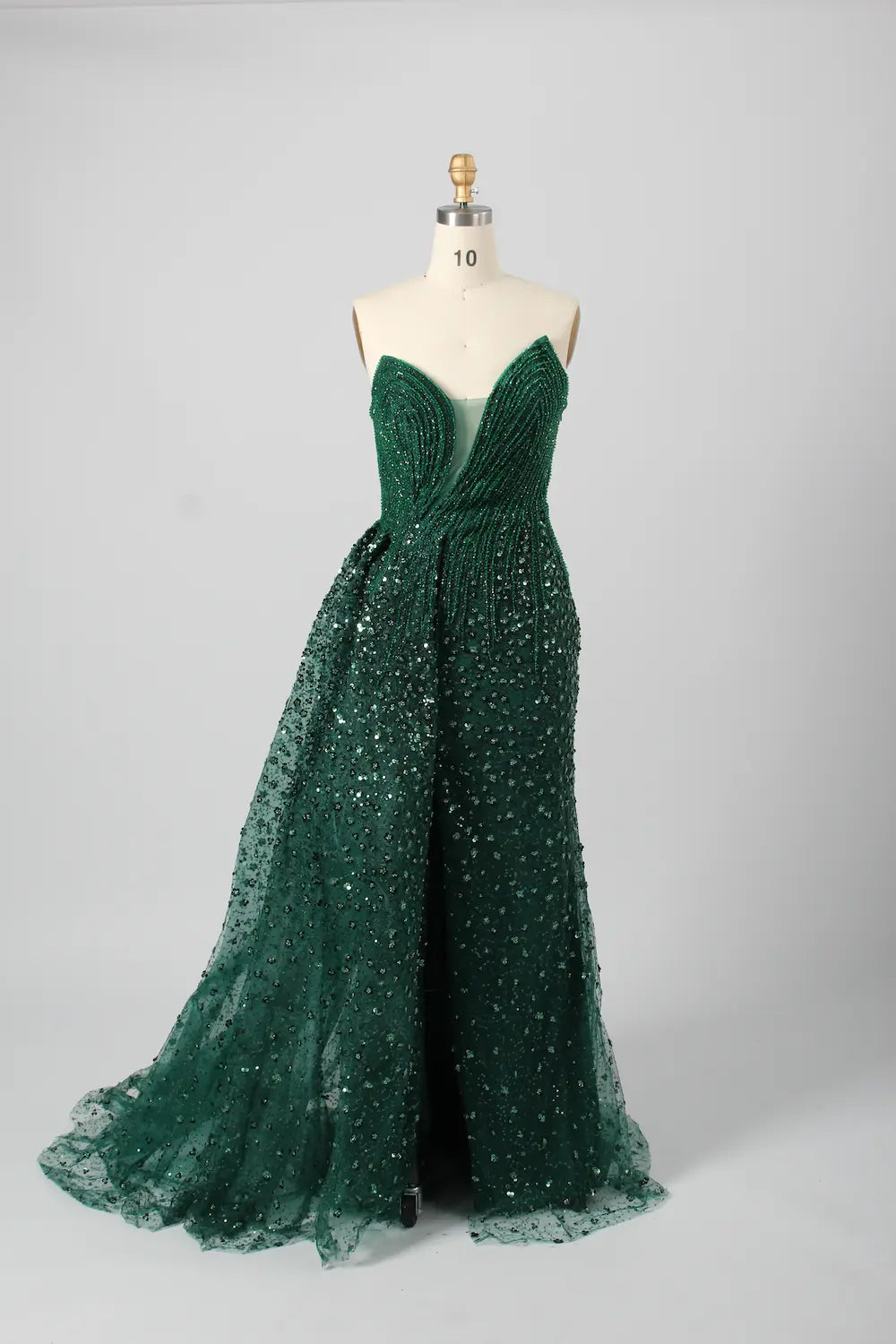 Luxurious Emerald Beaded Strapless Sheath overskirt train Evening Dress KY028