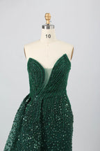 Luxurious Emerald Beaded Strapless Sheath overskirt train Evening Dress KY028