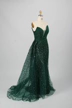 Luxurious Emerald Beaded Strapless Sheath overskirt train Evening Dress KY028