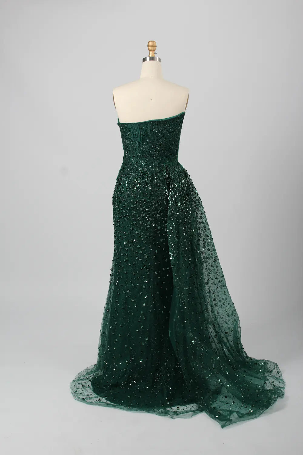 Luxurious Emerald Beaded Strapless Sheath overskirt train Evening Dress KY028