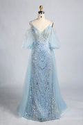 V-Neck Sequin Sheath Mother of the Bride Dress with Off-the-Shoulder Sleeves KY038