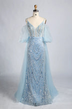 V-Neck Sequin Sheath Mother of the Bride Dress with Off-the-Shoulder Sleeves KY038