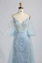 V-Neck Sequin Sheath Mother of the Bride Dress with Off-the-Shoulder Sleeves KY038