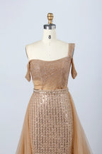 Glamorous Off-The-Shoulder Beaded Evening Dress with Detachable Overskirt KY029