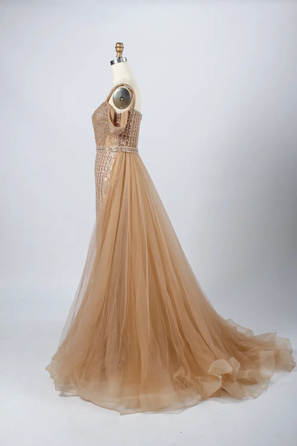 Glamorous Off-The-Shoulder Beaded Evening Dress with Detachable Overskirt KY029