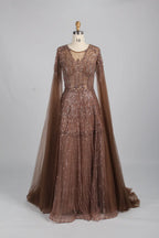 Beaded A-Line Mother of the Bride Dress with Long Cape Sleeves MK145