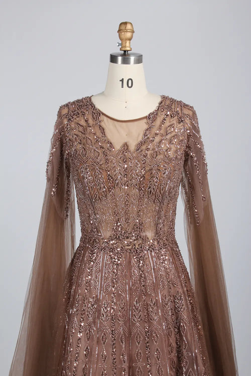 Beaded A-Line Mother of the Bride Dress with Long Cape Sleeves MK145