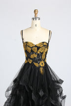 Wholesale Black & Gold Floral Ruffled Prom Dress 33360