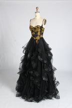 Wholesale Black & Gold Floral Ruffled Prom Dress 33360