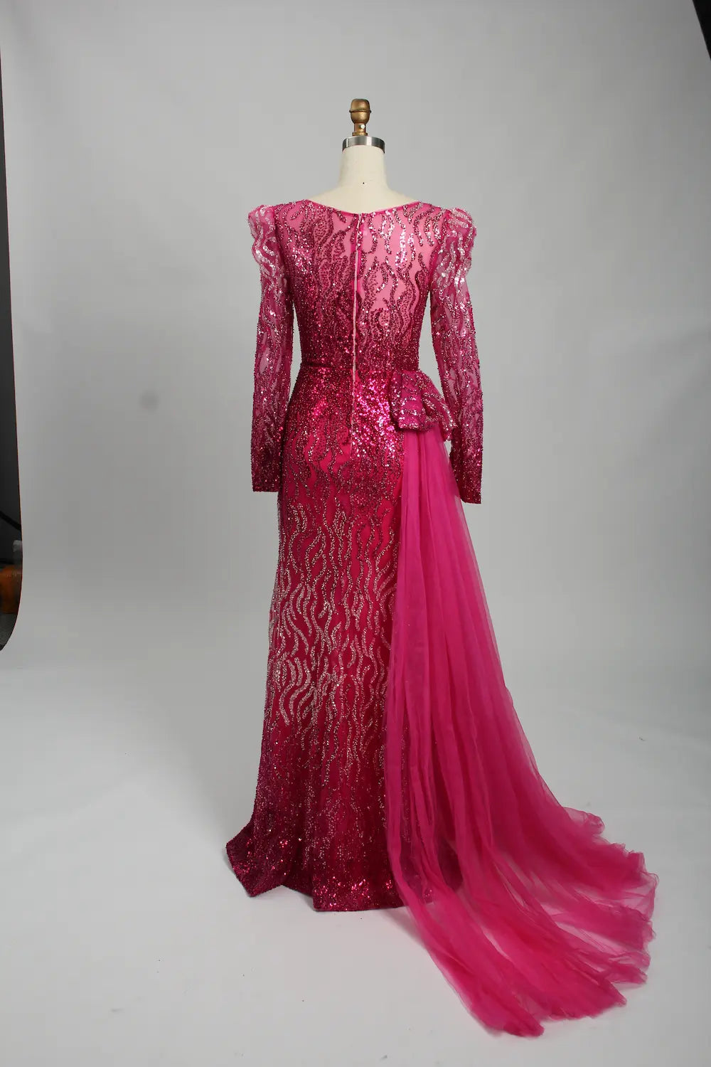 Luxury Hot Pink Sequined Long Sleeve Mother of the Bride Dress MK122