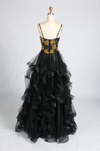 Wholesale Black & Gold Floral Ruffled Prom Dress 33360