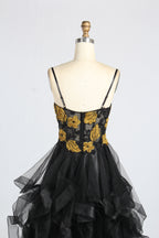 Wholesale Black & Gold Floral Ruffled Prom Dress 33360