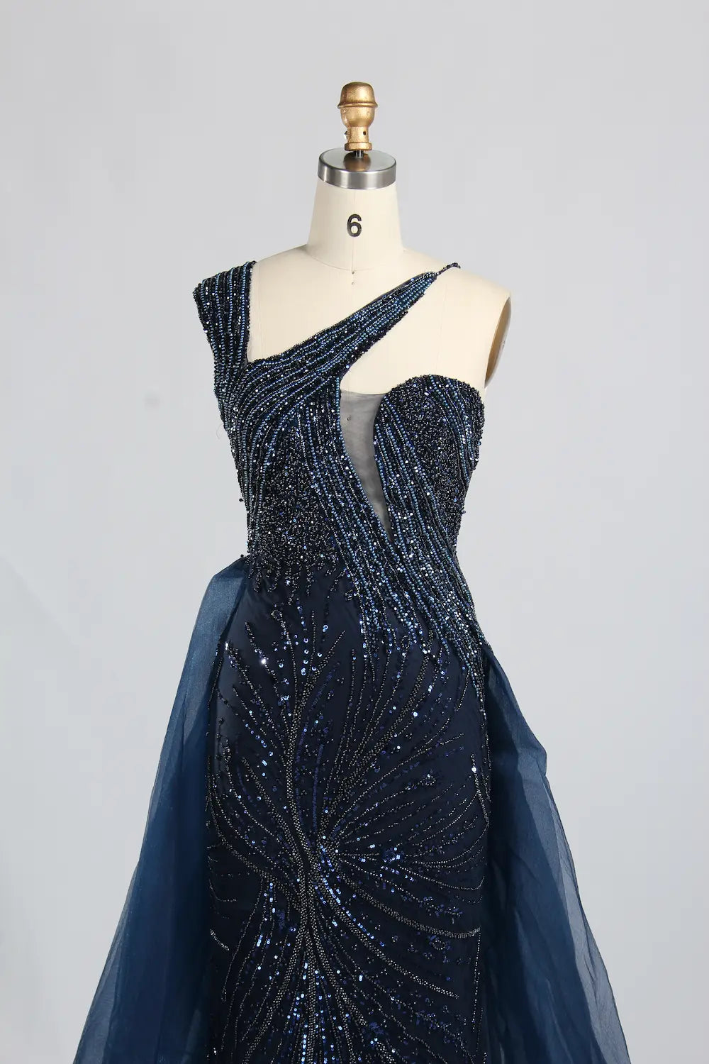 Navy Blue One-Shoulder Beaded Mermaid Evening Dress with Side Train KY069