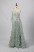 Stunning One-Shoulder Beaded Mermaid Green Mother of the Bride Dress KY030
