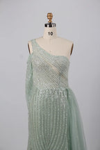 Stunning One-Shoulder Beaded Mermaid Green Mother of the Bride Dress KY030