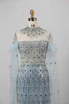 Beaded High Neck Light Blue Mother of the Bride Dress with Cape Sleeves MK142