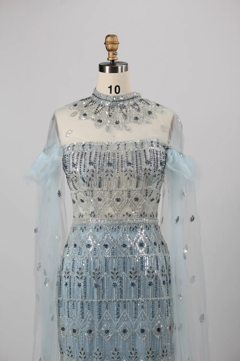 Beaded High Neck Light Blue Mother of the Bride Dress with Cape Sleeves MK142