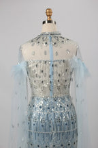 Beaded High Neck Light Blue Mother of the Bride Dress with Cape Sleeves MK142