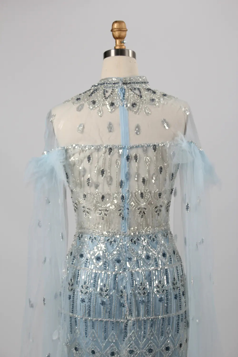 Beaded High Neck Light Blue Mother of the Bride Dress with Cape Sleeves MK142