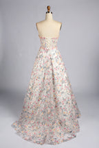Floral appliqué strapless corset A-line prom dress with lace-up back